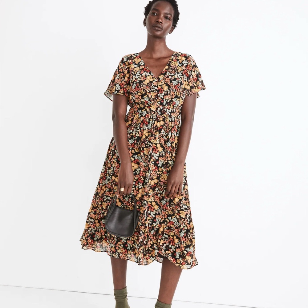 Madewell Dolman-Sleeve Ruffle-Hem Midi Dress in Flower Garden